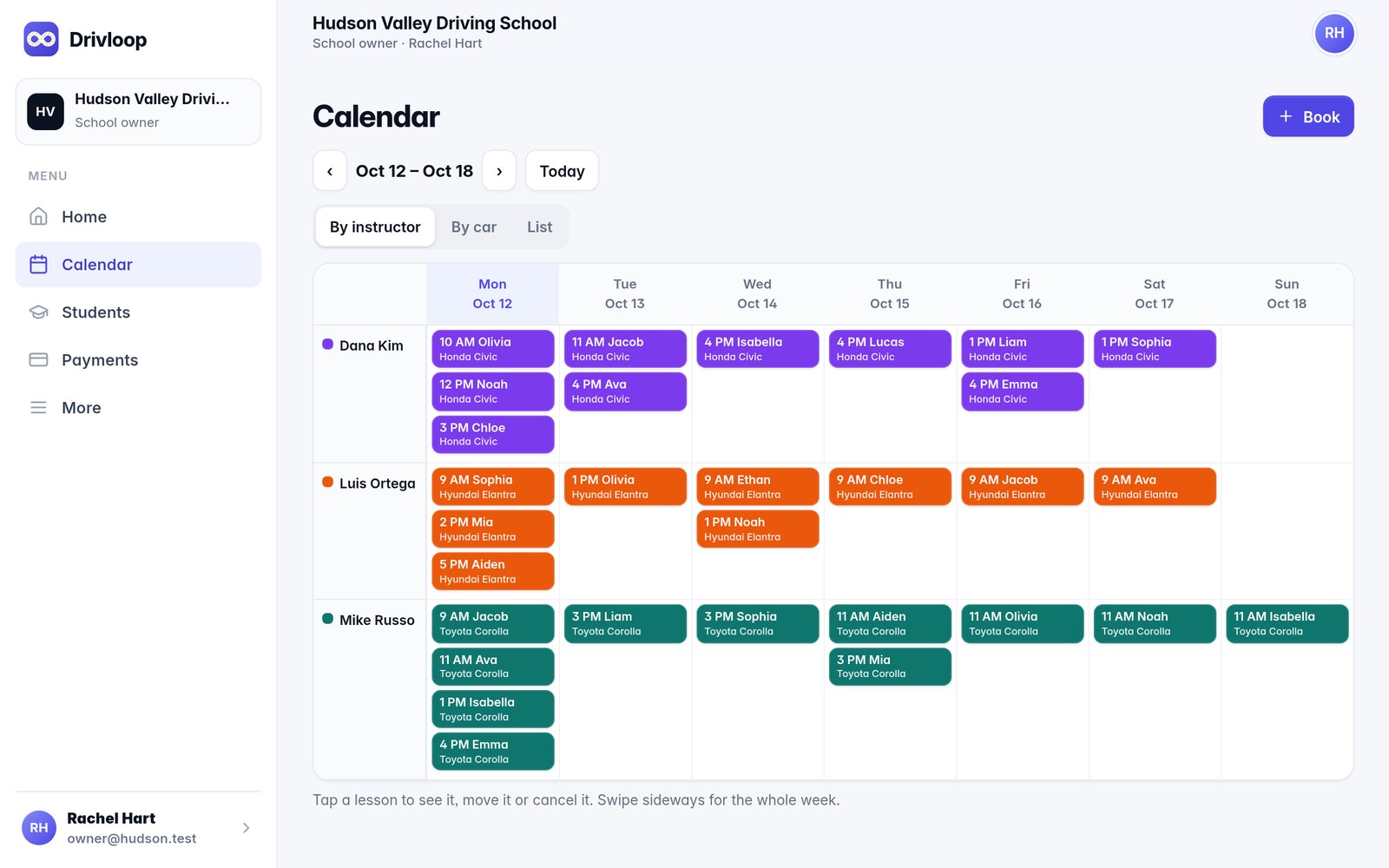 Week calendar by instructor